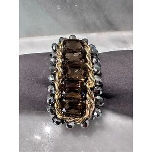 Womens Bold Crystal Rhinestones Amber Silver Elastic Cuff Bracelet